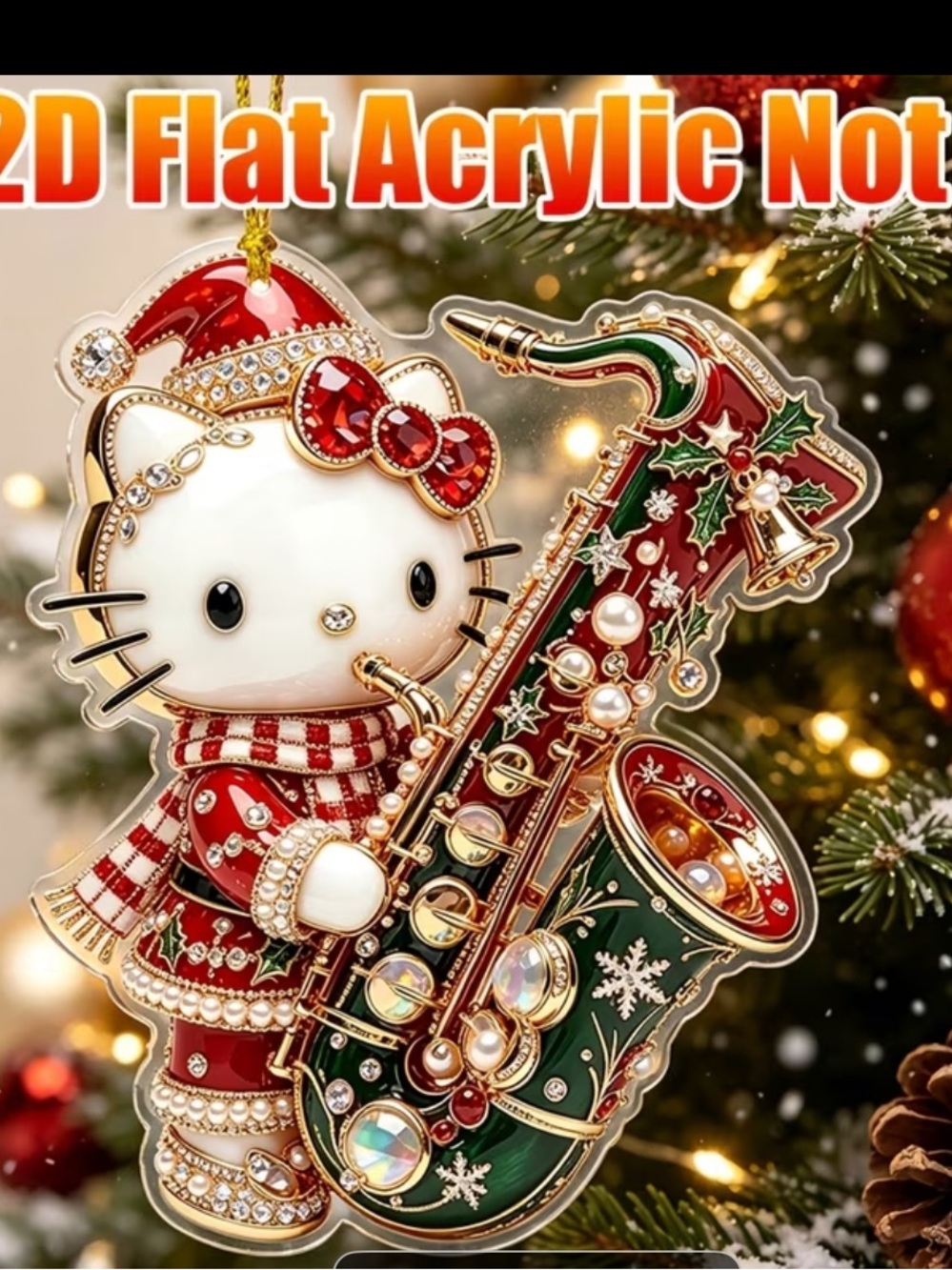 Hello Kitty Red & Green Holiday Saxophone Acrylic Ornament
